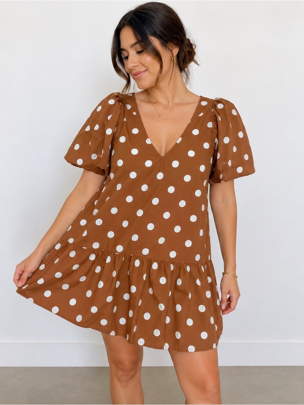 a new day Brown Polka Dot V-Neck Puff Sleeve Mini Dress